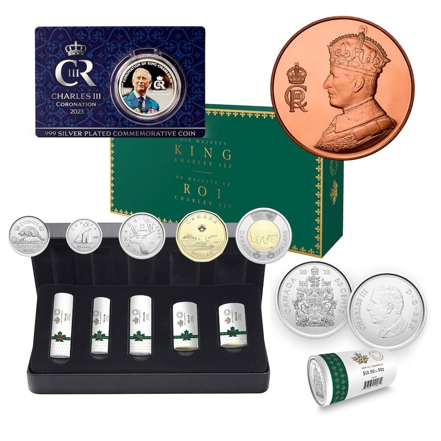 Image 742734.jpg, Product 742-734 / Price $239.95, 2023 First Coins of King Charles III Complete Uncirculated First Strike Roll Set (including half-dollars, plus bonus coronation medallion and 25-cent coloured coin) from The Coin Show with Steven Bromberg on TSC.ca's Coins department