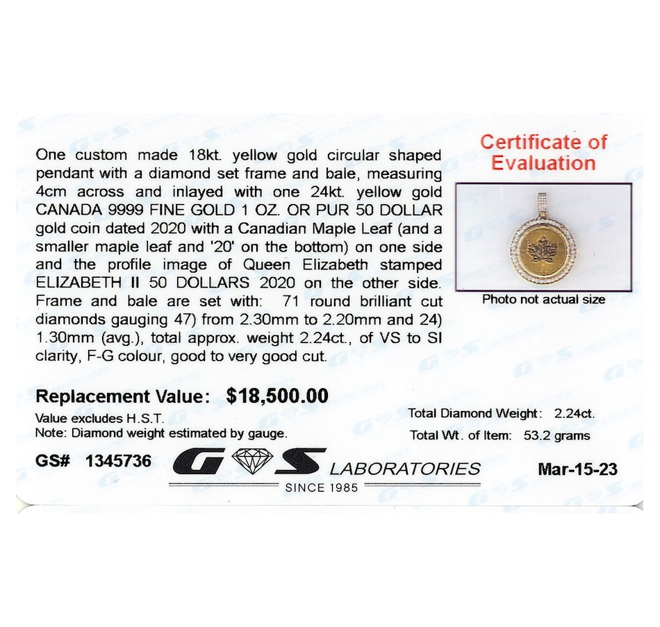Image 742735_ALTMORE2.jpg, Product 742-735 / Price $9,950.00, Gold Maple Leaf Coin and Diamond Pendant 2.24 Carats Premium Quality Diamonds from The Coin Show with Steven Bromberg on TSC.ca's Coins department
