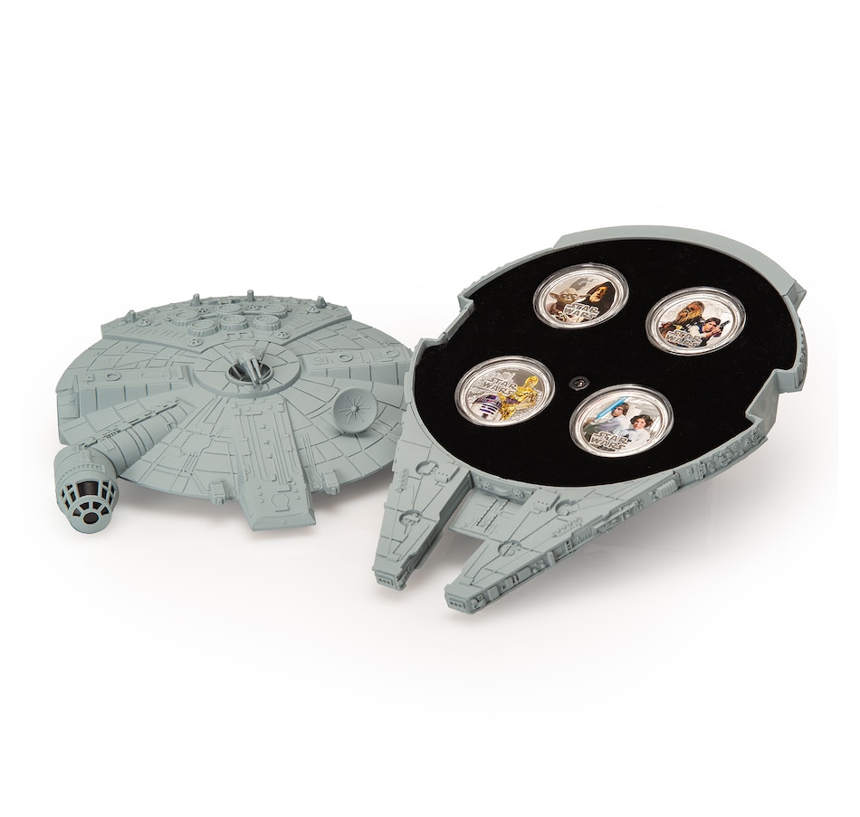 Image 742748.jpg, Product 742-748 / Price $1,395.00, 2011 Millennium Falcon $1 Fine Silver Coin Set in Mask Display Case from The Coin Show with Steven Bromberg on TSC.ca's Coins department