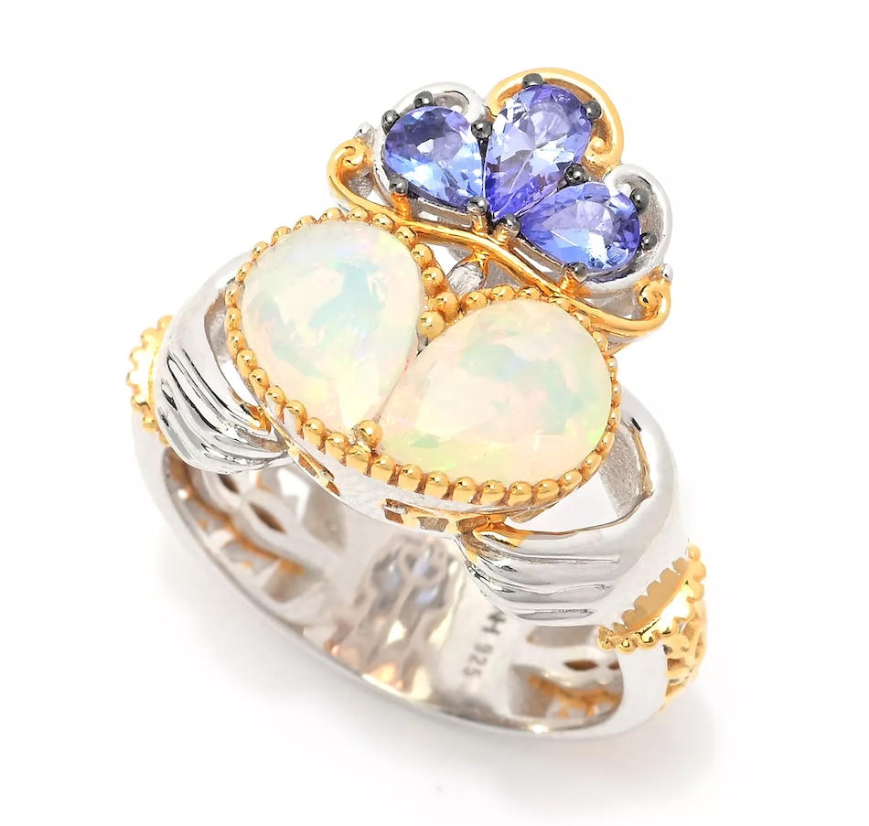 Image 743281.jpg, Product 743-281 / Price $269.99, Gems En Vogue Palladium Silver Ethiopian Opal and Tanzanite Claddagh Ring from Gems En Vogue on TSC.ca's Jewellery department