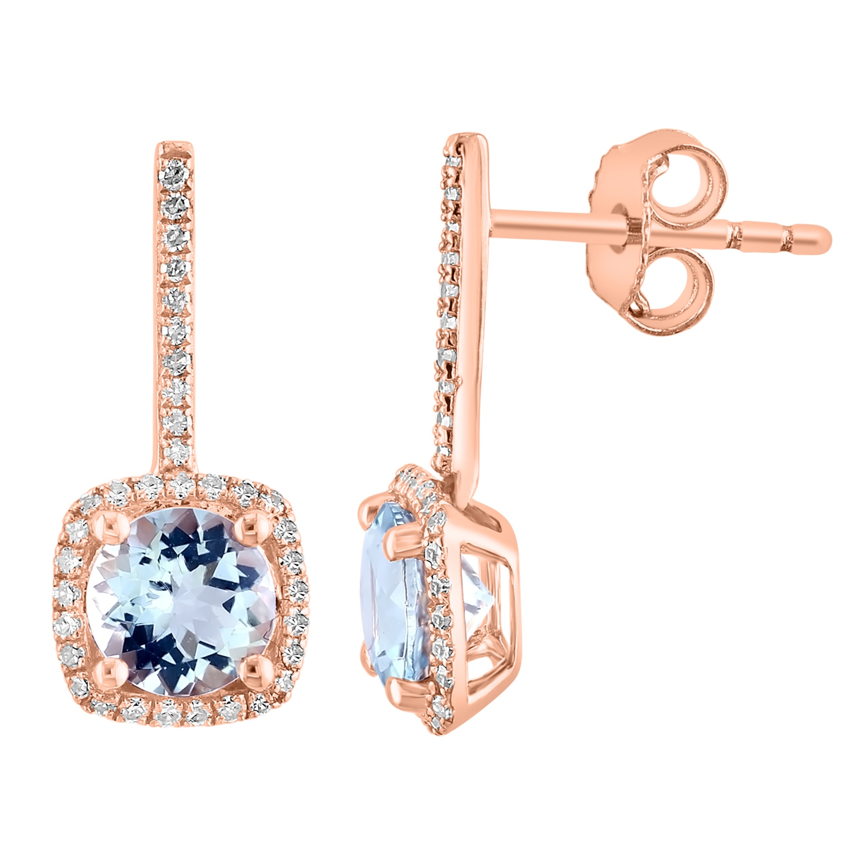 14K Gold Diamond and Light Blue Aquamarine Stud Earrings