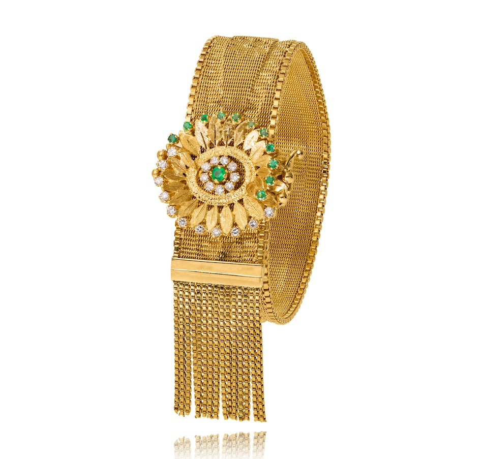 Image 743351.jpg, Product 743-351 / Price $9,995.00, Custom Made 18KT Yellow Gold Fancy Mesh Link Bracelet with Emerald and Diamond Clasp from Estate Originals on TSC.ca's Jewellery department
