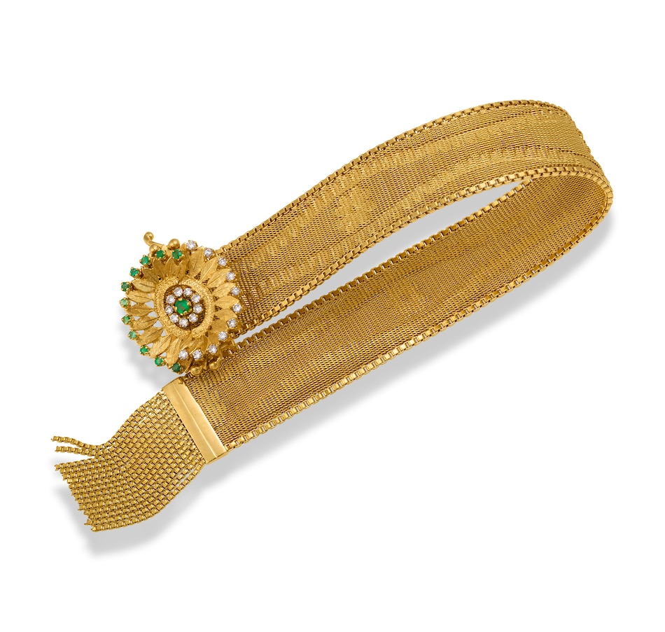 Image 743351_ALTMORE2.jpg, Product 743-351 / Price $9,995.00, Custom Made 18KT Yellow Gold Fancy Mesh Link Bracelet with Emerald and Diamond Clasp from Estate Originals on TSC.ca's Jewellery department