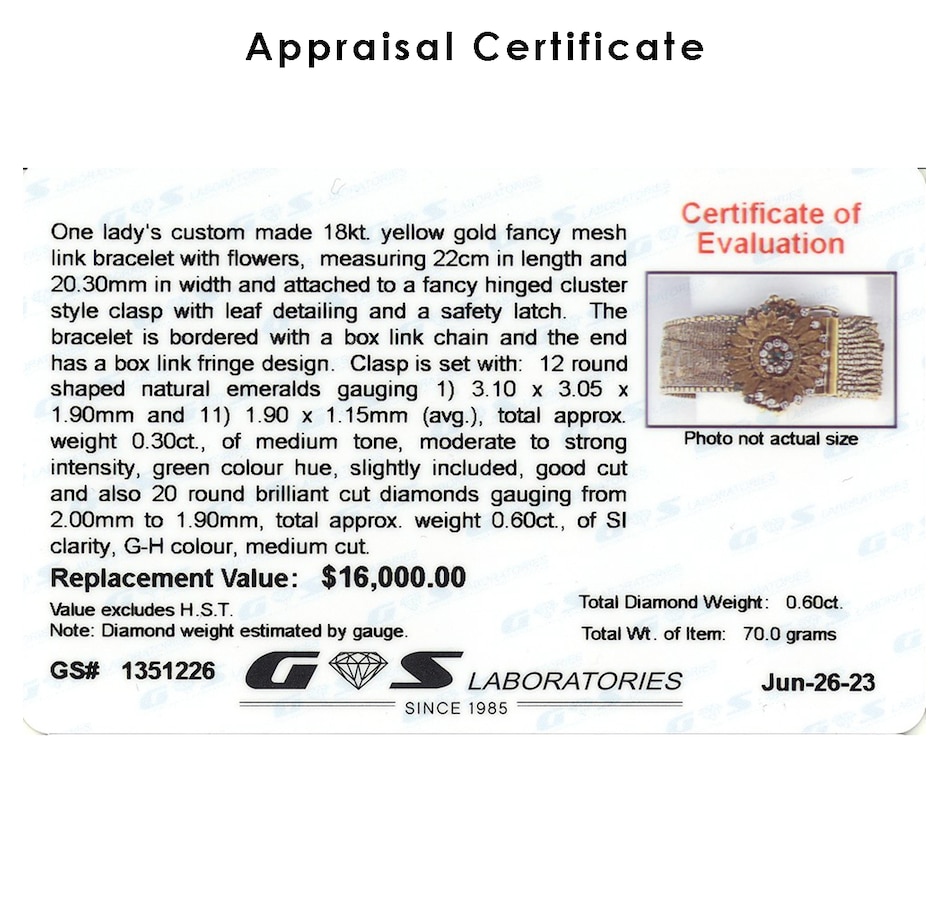 Image 743351_ALTMORE3.jpg, Product 743-351 / Price $9,995.00, Custom Made 18KT Yellow Gold Fancy Mesh Link Bracelet with Emerald and Diamond Clasp from Estate Originals on TSC.ca's Jewellery department