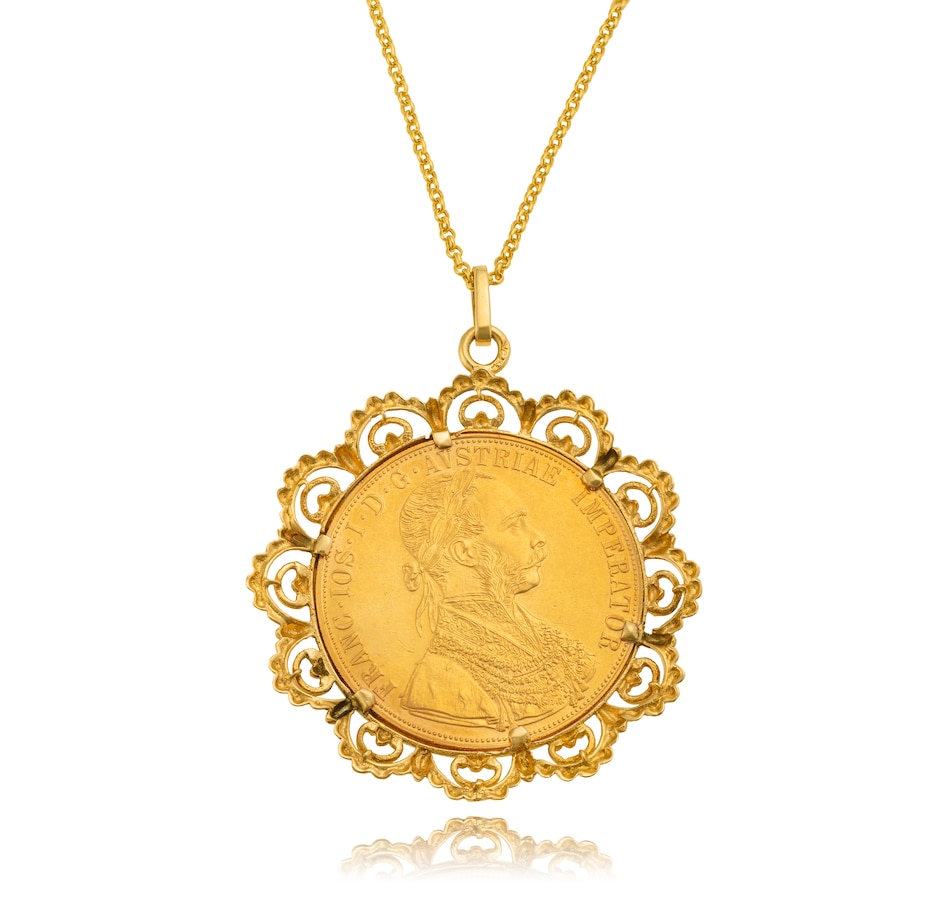 Image 743352_ALTMORE1.jpg, Product 743-352 / Price $3,295.00, Custom Made 24KT Austrian 4 Ducat Coin Pendant with a Custom Made 14KT Yellow Gold Setting and Chain from Estate Originals on TSC.ca's Jewellery department
