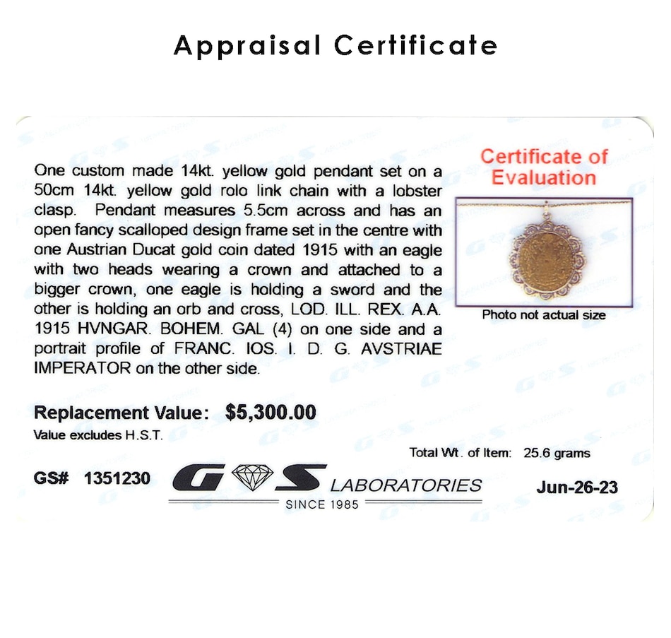 Image 743352_ALTMORE3.jpg, Product 743-352 / Price $3,295.00, Custom Made 24KT Austrian 4 Ducat Coin Pendant with a Custom Made 14KT Yellow Gold Setting and Chain from Estate Originals on TSC.ca's Jewellery department