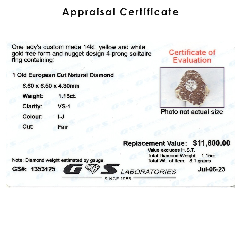 Image 743357_ALTMORE3.jpg, Product 743-357 / Price $6,495.00, Custom Made 14KT Yellow and White Gold Free-Form Ring with a 1.15 Carat Old European Cut Diamond from Estate Originals on TSC.ca's Jewellery department