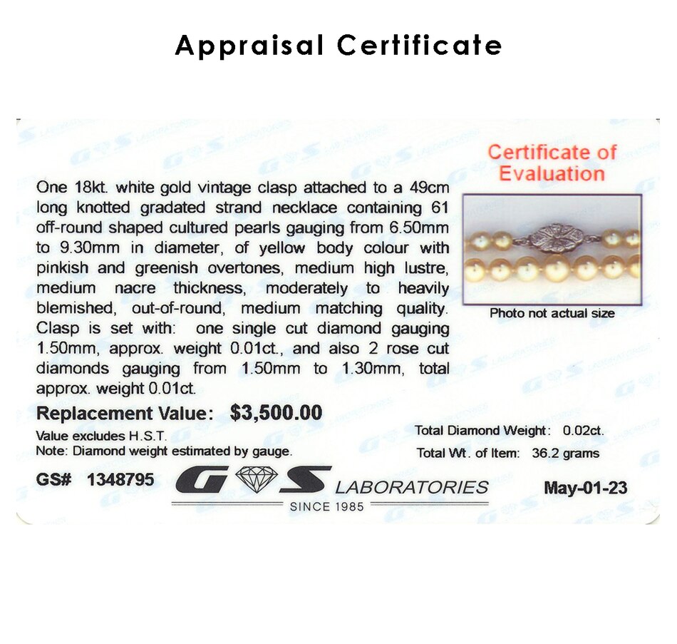 Image 743374_ALTMORE3.jpg, Product 743-374 / Price $1,395.00, 20" Strand of Graduated Cultured Pearls with an 18KT White Gold Diamond Clasp from Estate Originals on TSC.ca's Jewellery department