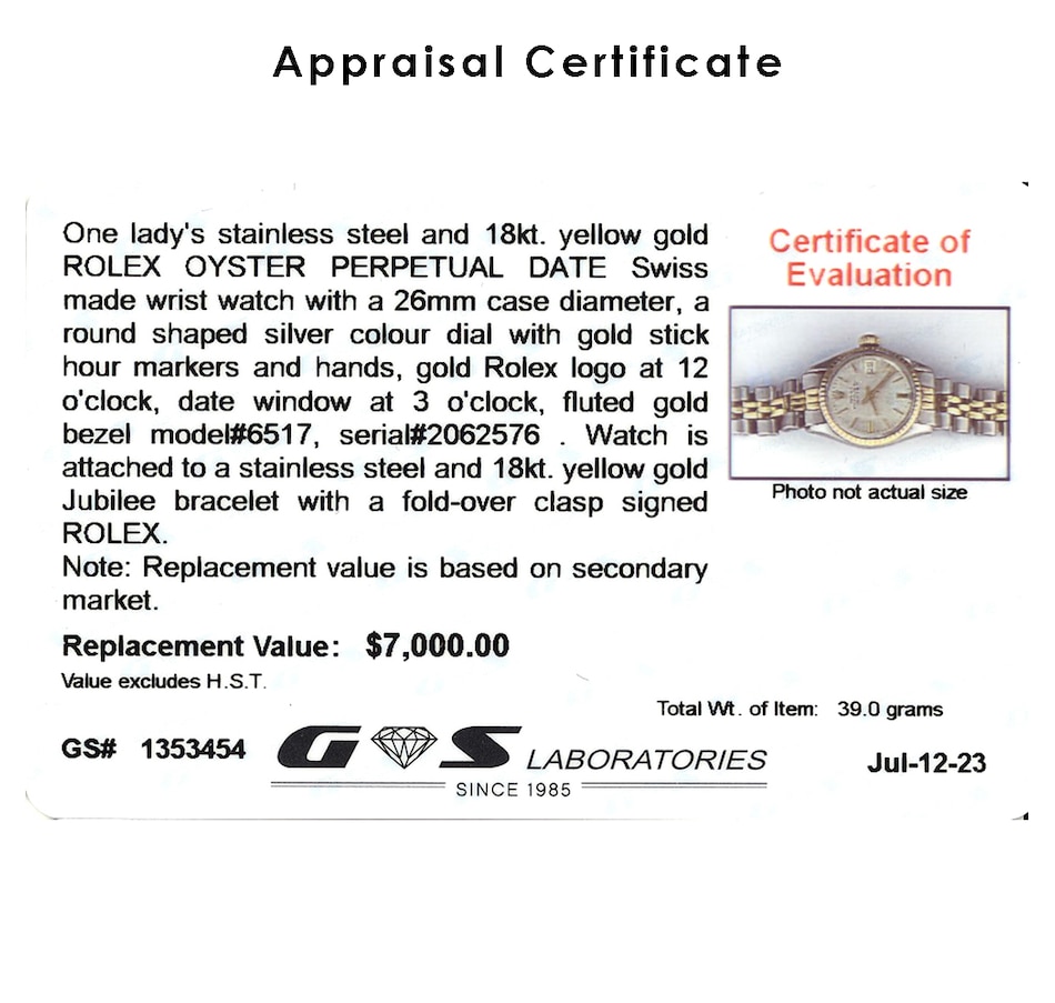 Image 743416_ALTMORE2.jpg, Product 743-416 / Price $6,495.00, Estate Originals Lady's Stainless Steel and 18K Yellow Gold Rolex Oyster Perpetual Date Swiss Made Wristwatch from Estate Originals on TSC.ca's Jewellery department