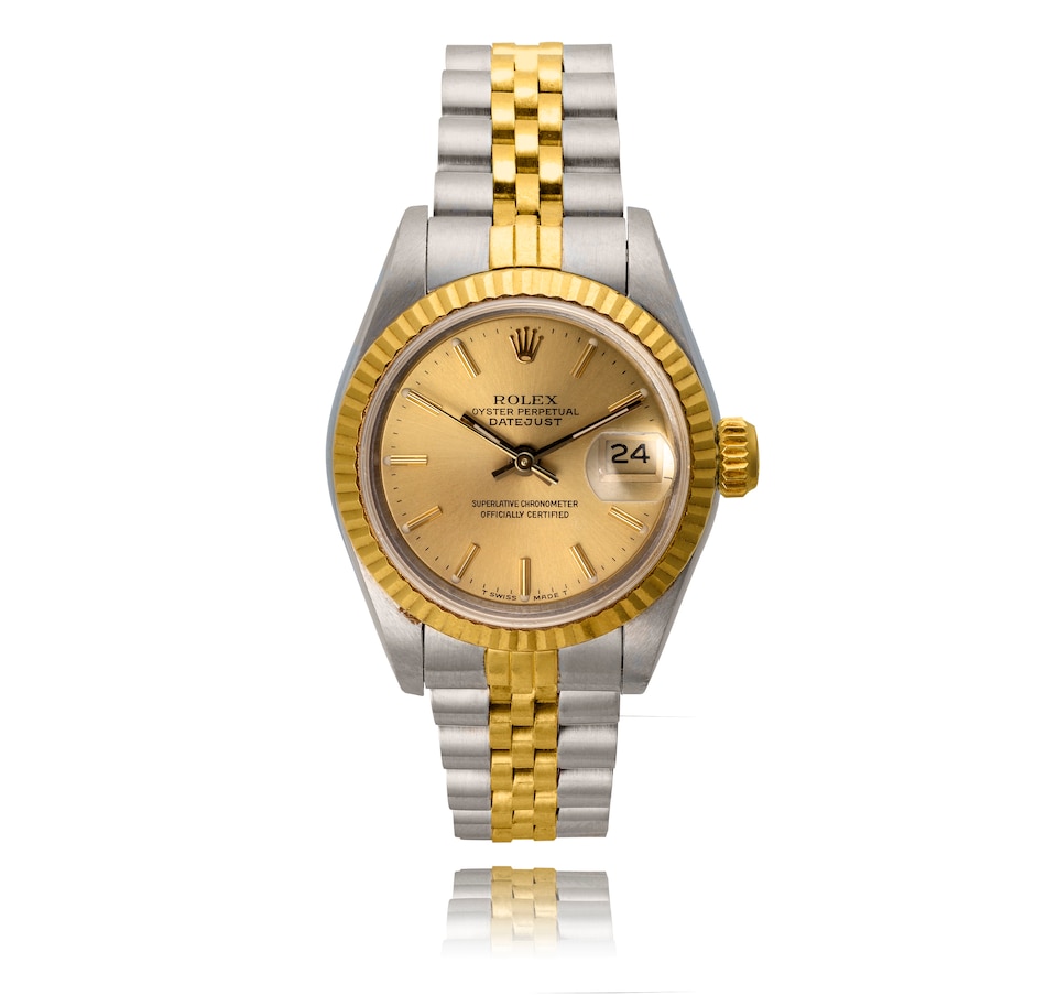 Image 743425.jpg, Product 743-425 / Price $7,295.00, Estate Originals Lady's Stainless Steel and 18K Yellow Gold Rolex Oyster Perpetual Date Just Superlative Chronometer Officially Certified Swiss Made Wristwatch from Estate Originals on TSC.ca's Jewellery department
