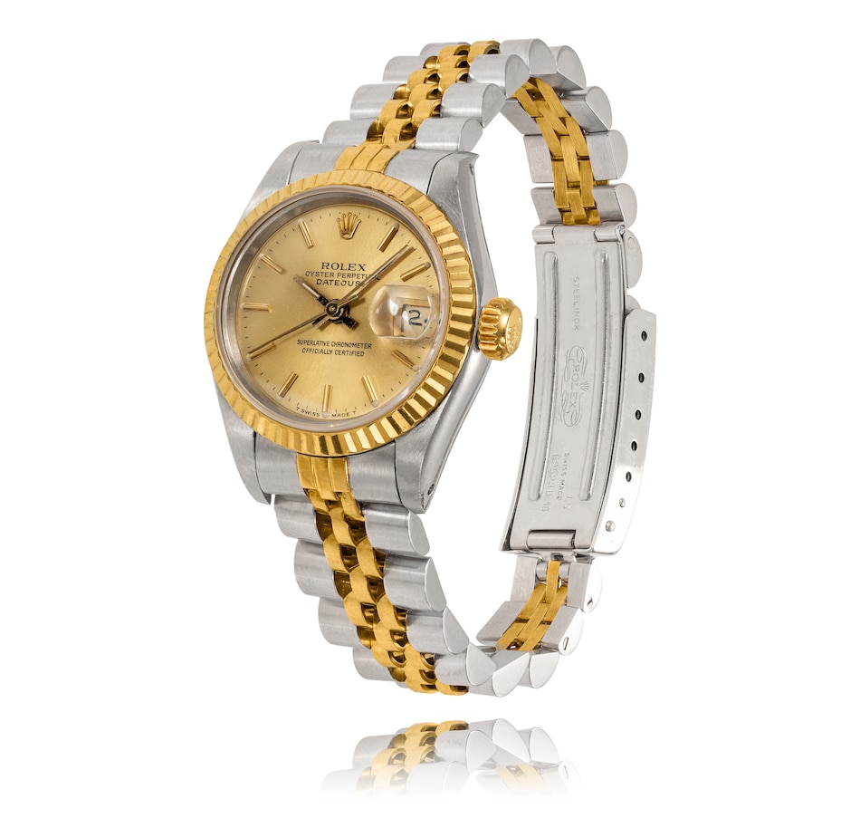 Image 743425_ALTMORE1.jpg, Product 743-425 / Price $7,295.00, Estate Originals Lady's Stainless Steel and 18K Yellow Gold Rolex Oyster Perpetual Date Just Superlative Chronometer Officially Certified Swiss Made Wristwatch from Estate Originals on TSC.ca's Jewellery department