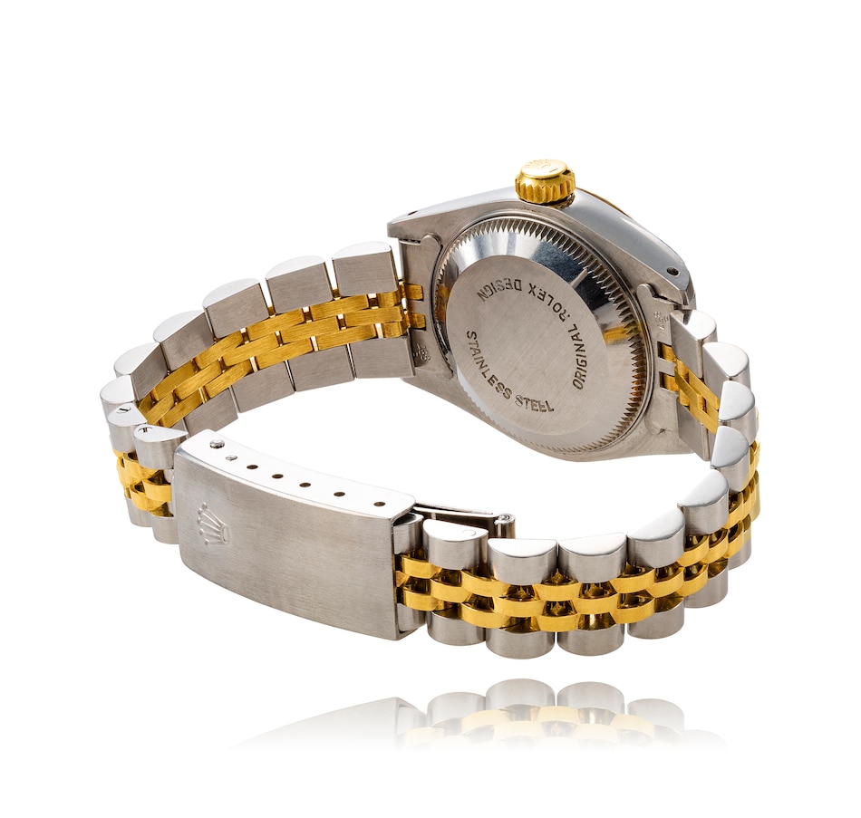 Image 743425_ALTMORE2.jpg, Product 743-425 / Price $7,295.00, Estate Originals Lady's Stainless Steel and 18K Yellow Gold Rolex Oyster Perpetual Date Just Superlative Chronometer Officially Certified Swiss Made Wristwatch from Estate Originals on TSC.ca's Jewellery department
