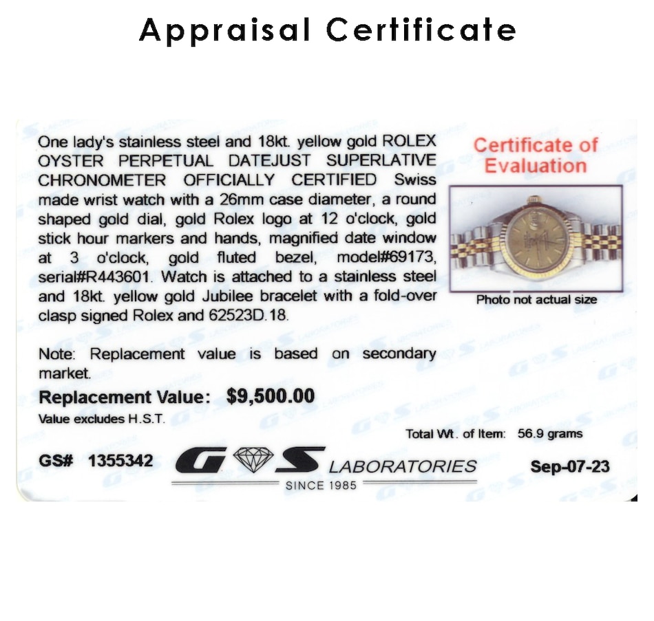Image 743425_ALTMORE3.jpg, Product 743-425 / Price $7,295.00, Estate Originals Lady's Stainless Steel and 18K Yellow Gold Rolex Oyster Perpetual Date Just Superlative Chronometer Officially Certified Swiss Made Wristwatch from Estate Originals on TSC.ca's Jewellery department