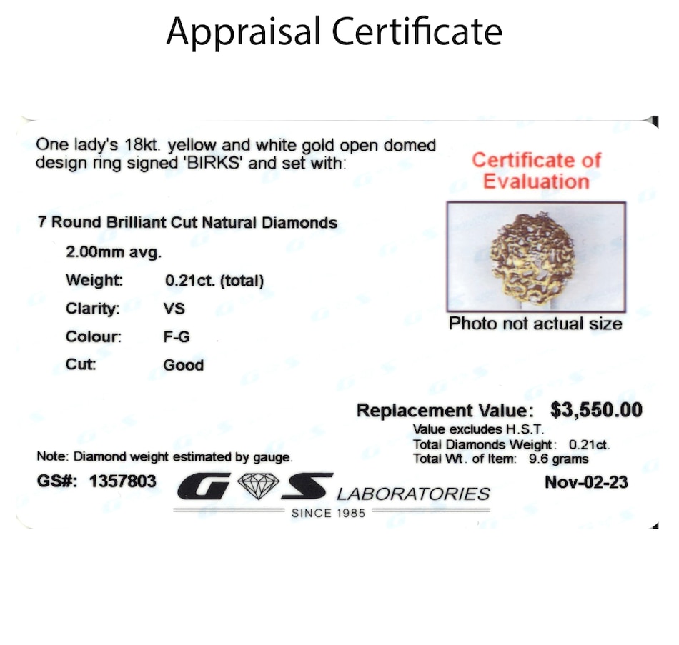 Image 743708_ALTMORE3.jpg, Product 743-708 / Price $1,995.00, Estate Originals 18K Yellow and White Gold Satin Finished Open Dome Design Ring, Signed "Birks" from Estate Originals on TSC.ca's Jewellery department