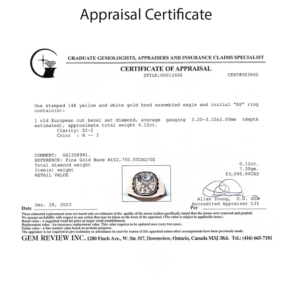 Image 743738_ALTMORE3.jpg, Product 743-738 / Price $1,995.00, Estate Originals 14K Yellow and White Gold Engraved Eagle Ring with an Old-European-Cut Diamond from Estate Originals on TSC.ca's Jewellery department