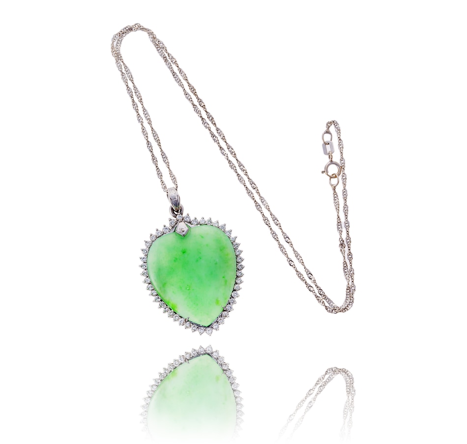 Image 743775_ALTMORE2.jpg, Product 743-775 / Price $3,995.00, Estate Originals 8K White Gold Heart Shaped Jadeite Jade and Diamond Pendant with a 14K White Gold Chain from Estate Originals on TSC.ca's Jewellery department