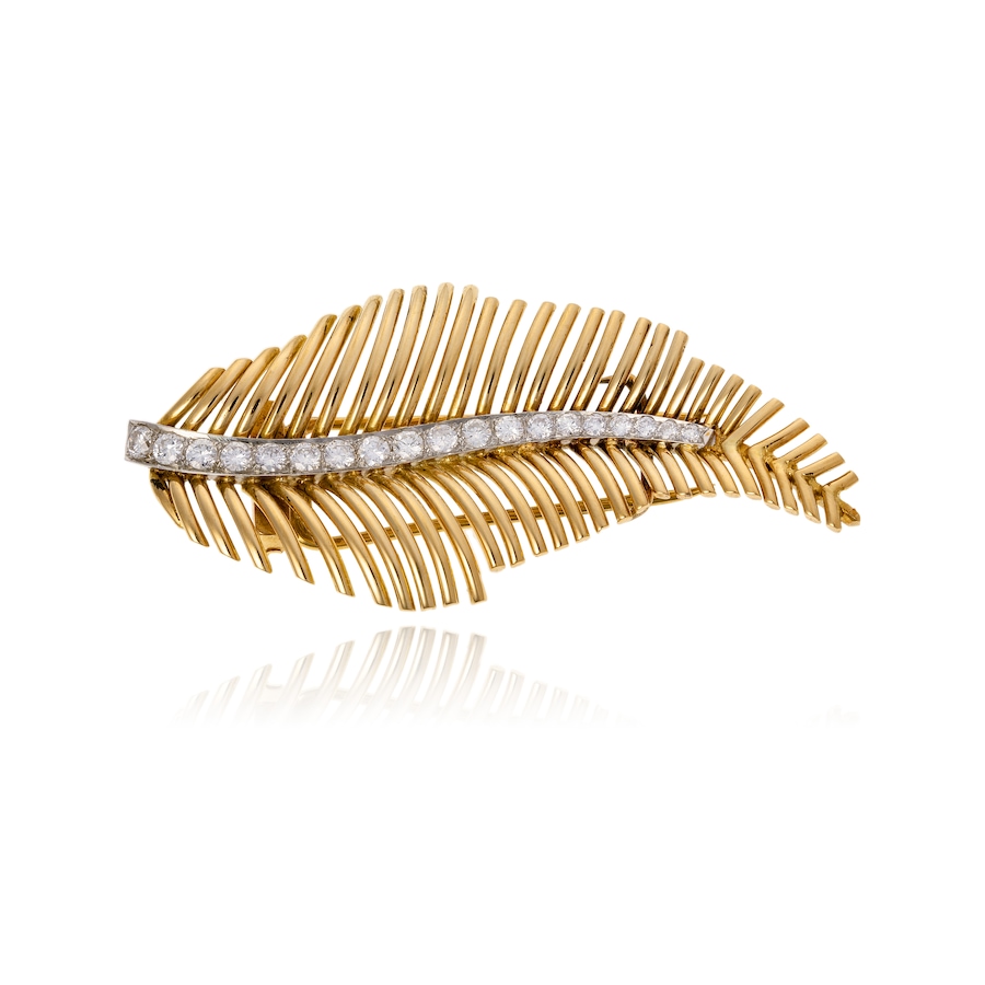 Image 743779.jpg, Product 743-779 / Price $4,695.00, Estate Originals Custom Hand Made 18K Yellow Gold and Platinum Feather Design Brooch with 1 Carat of Diamonds from Estate Originals on TSC.ca's Jewellery department