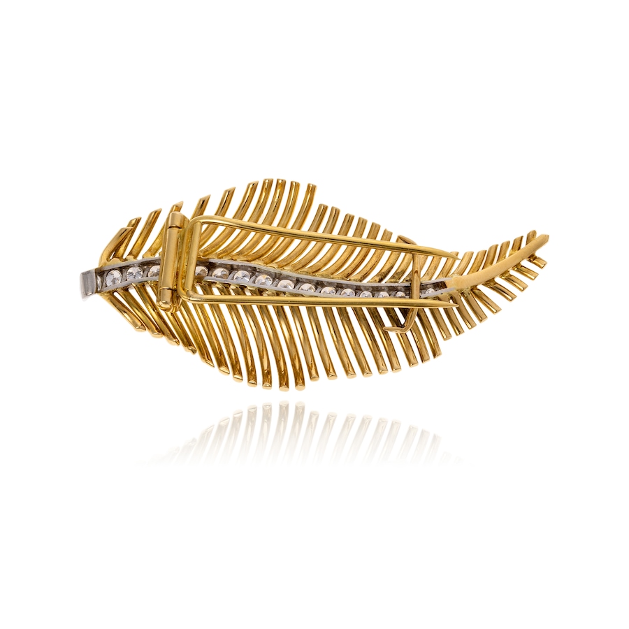 Image 743779_ALTMORE1.jpg, Product 743-779 / Price $4,695.00, Estate Originals Custom Hand Made 18K Yellow Gold and Platinum Feather Design Brooch with 1 Carat of Diamonds from Estate Originals on TSC.ca's Jewellery department