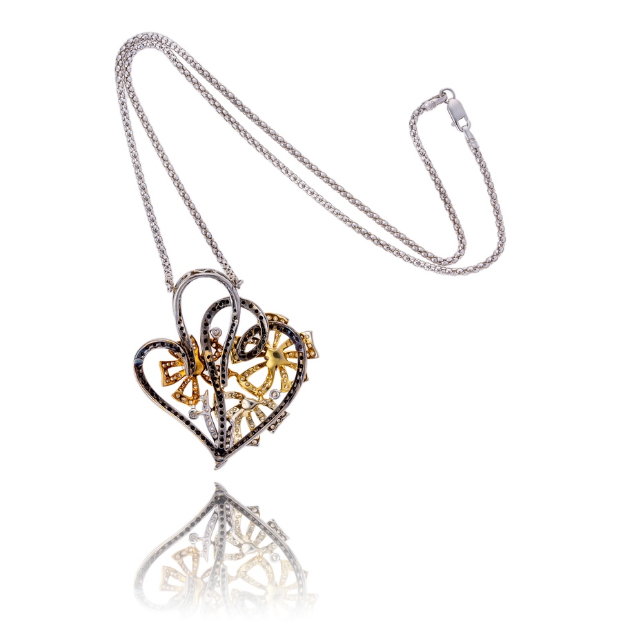 Image 743803_ALTMORE2.jpg, Product 743-803 / Price $6,295.00, 18K White and Yellow Gold Flower and Heart Necklace with Black and White Diamonds from Estate Originals on TSC.ca's Jewellery department