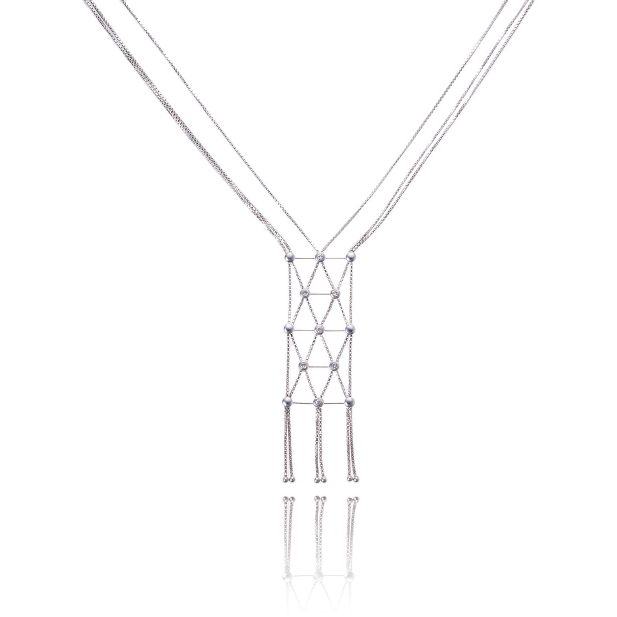 Image 743811.jpg, Product 743-811 / Price $4,295.00, Estate Originals 18KT White Gold 3-Strand Box Link Lariat Necklace with an Elongated Geometric Diamond Accented Drop from Estate Originals on TSC.ca's Jewellery department