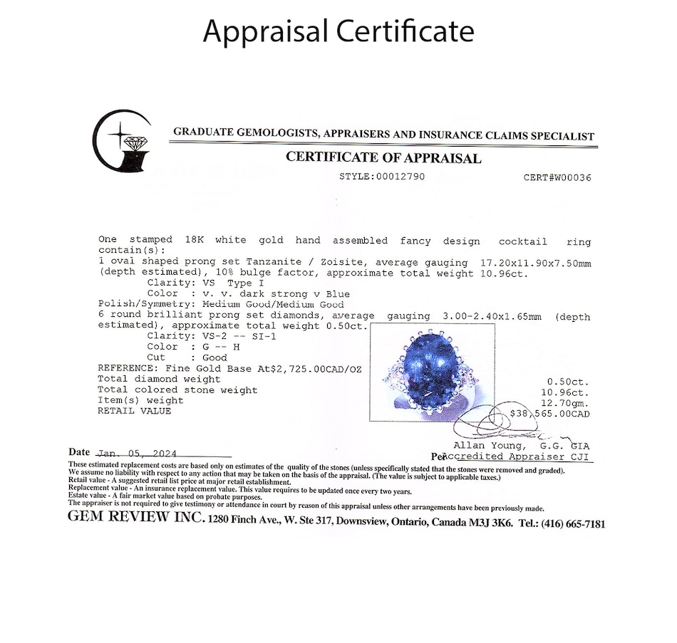 Image 743832_ALTMORE3.jpg, Product 743-832 / Price $19,995.00, 18K White Gold 10.96 Carat Oval Shaped Tanzanite and Diamond Ring from Estate Originals on TSC.ca's Jewellery department