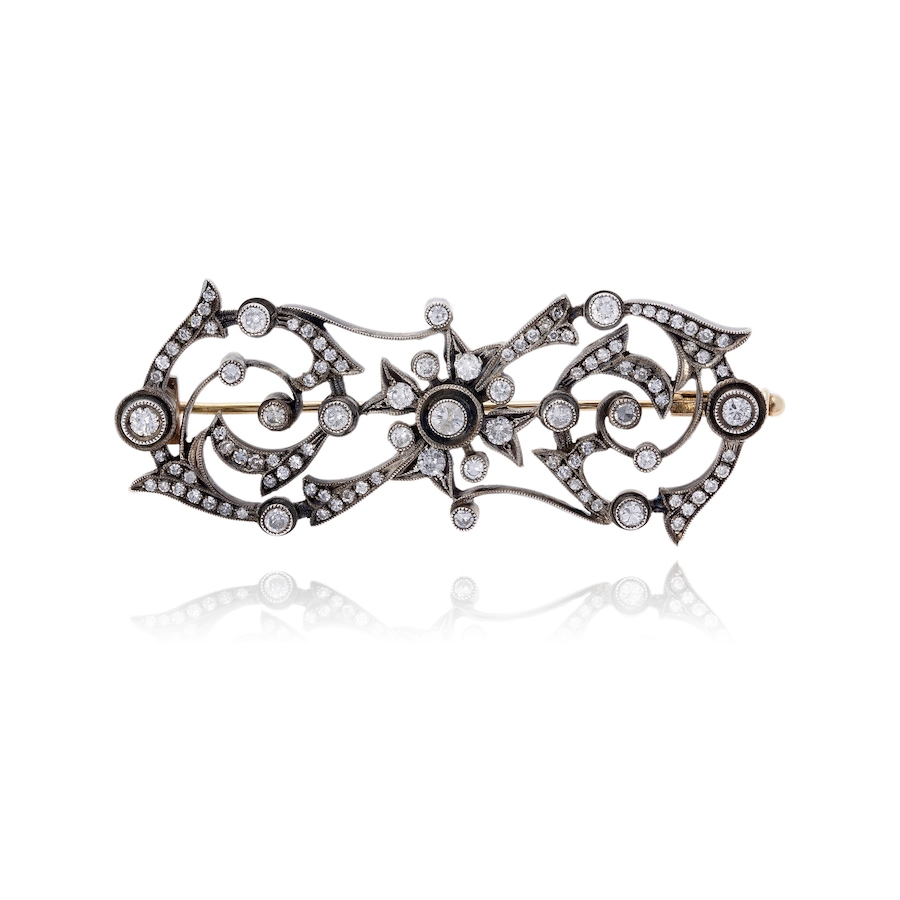 Image 743836.jpg, Product 743-836 / Price $4,695.00, Custom Made 14K White and Yellow Gold Antique Style Elongated Diamond Brooch with Black Rhodium from Estate Originals on TSC.ca's Jewellery department