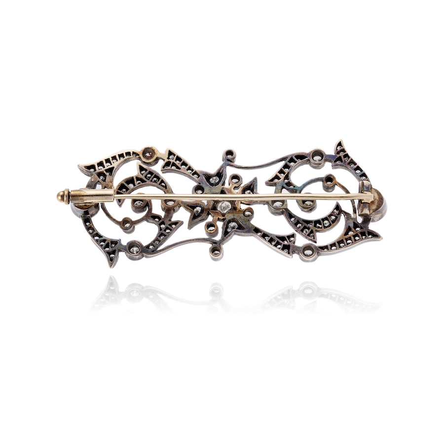 Image 743836_ALTMORE1.jpg, Product 743-836 / Price $4,695.00, Custom Made 14K White and Yellow Gold Antique Style Elongated Diamond Brooch with Black Rhodium from Estate Originals on TSC.ca's Jewellery department