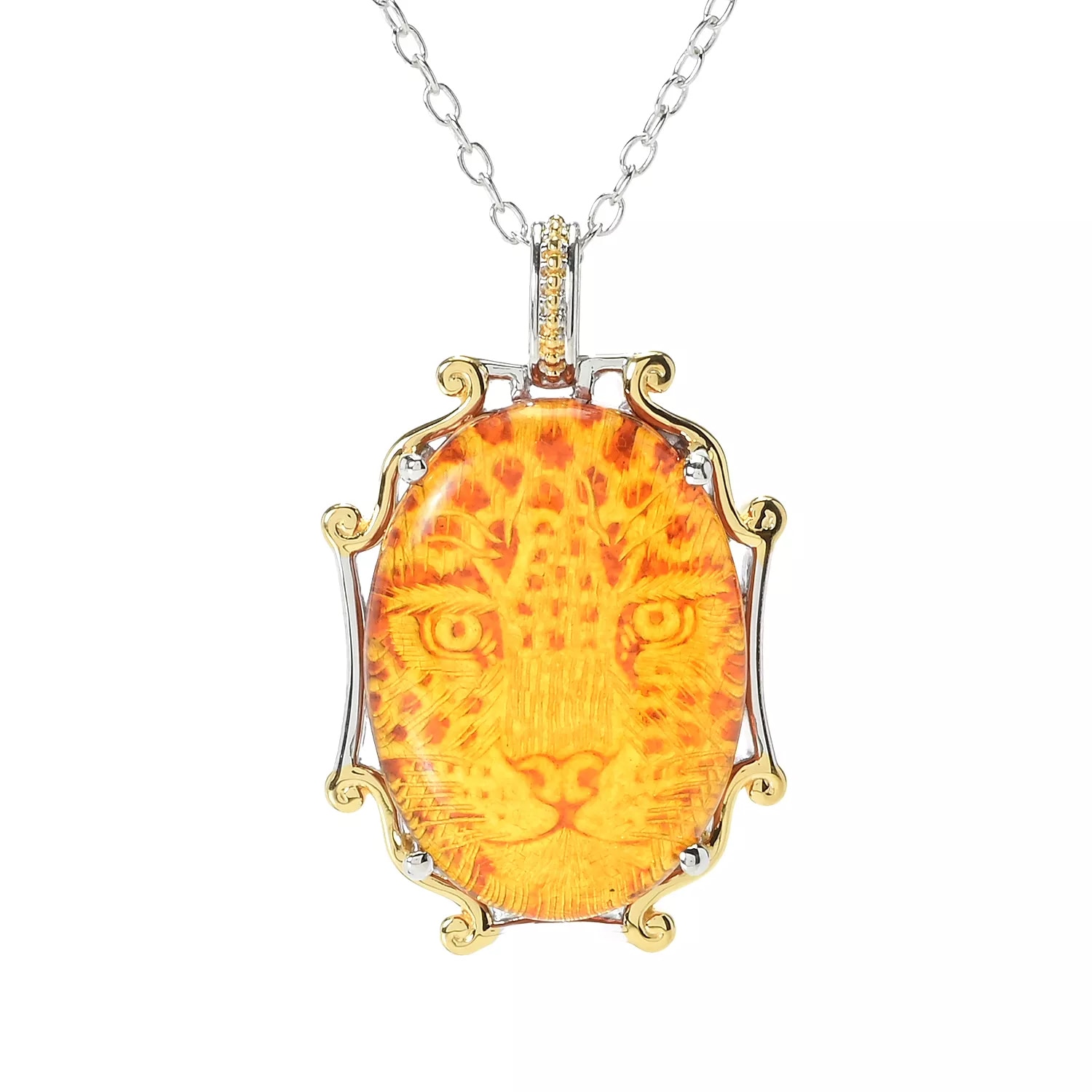 Gems En Vogue Palladium Silver Panther Carved Amber Pendant With Chain