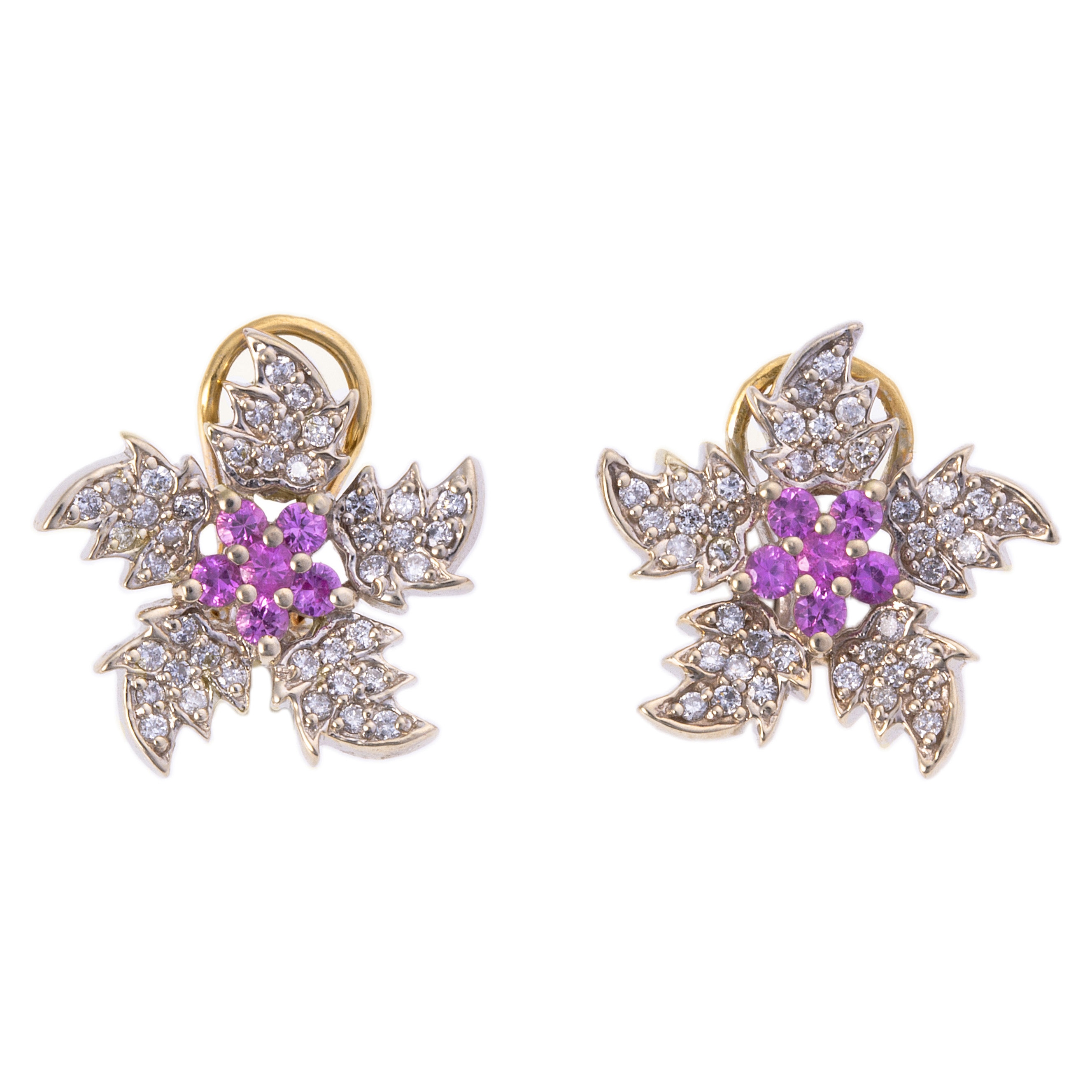 Estate Originals 14K White Gold Pink Sapphire and Diamond Flower Earrings,  with French Clip Backs