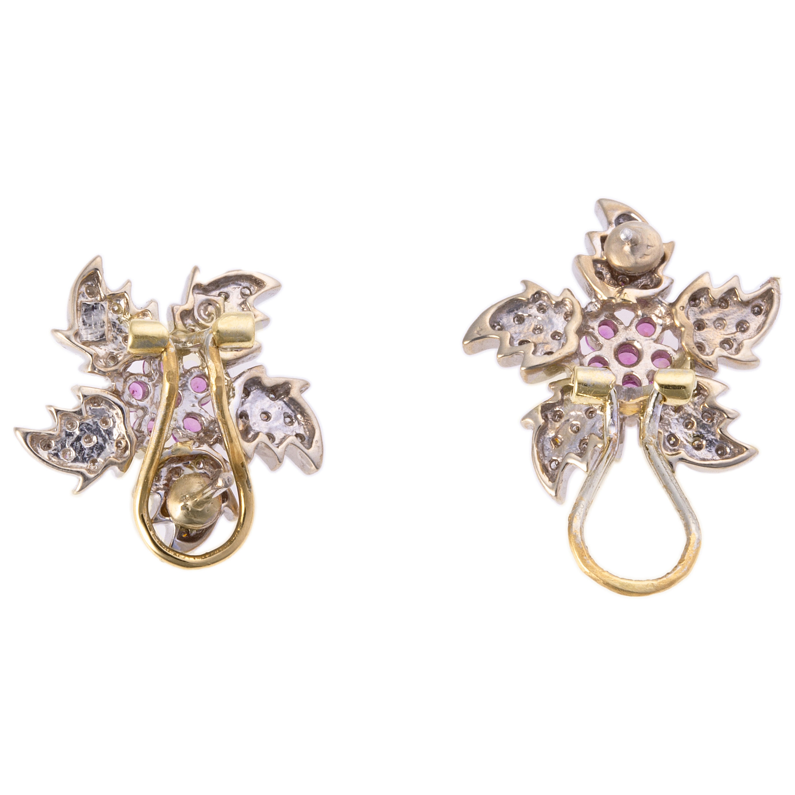 Estate Originals 14K White Gold Pink Sapphire and Diamond Flower Earrings,  with French Clip Backs