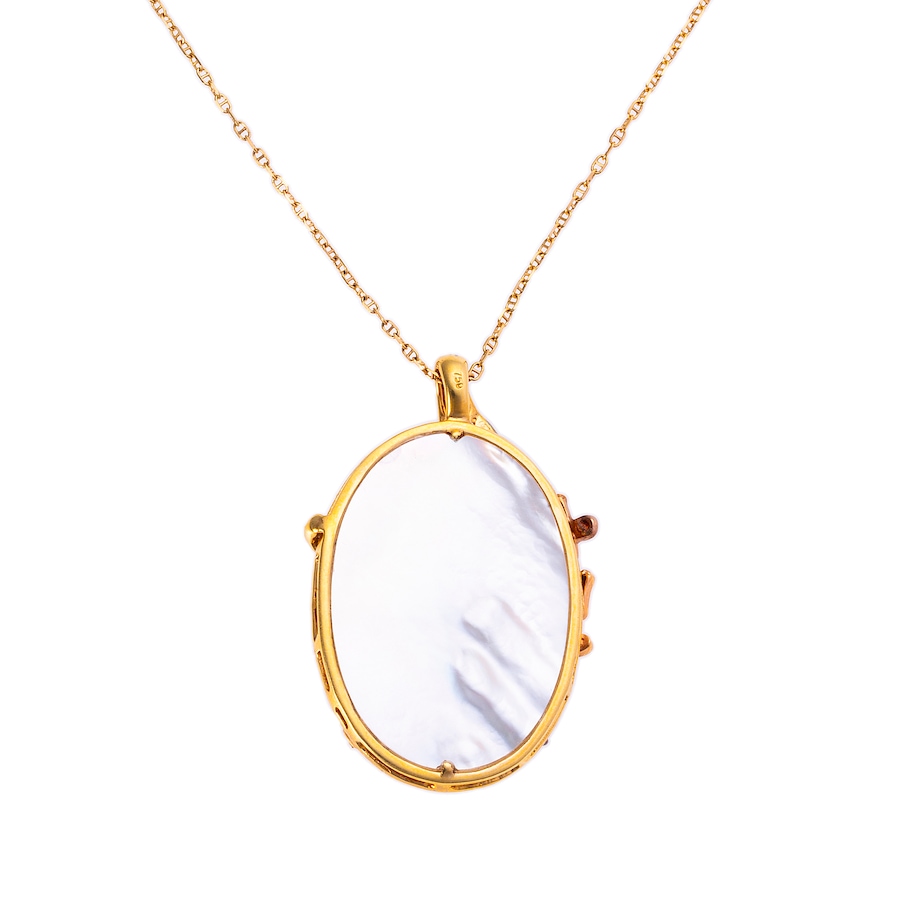 Image 744288_ALTMORE1.jpg, Product 744-288 / Price $3,695.00, Estate Originals 14K Yellow Gold Mother-of-Pearl Pendant with a Pink Sapphire, Tsavorite and Diamond Flower Overlay and Chinese Characters Meaning "Double Happiness" from Estate Originals on TSC.ca's Jewellery department