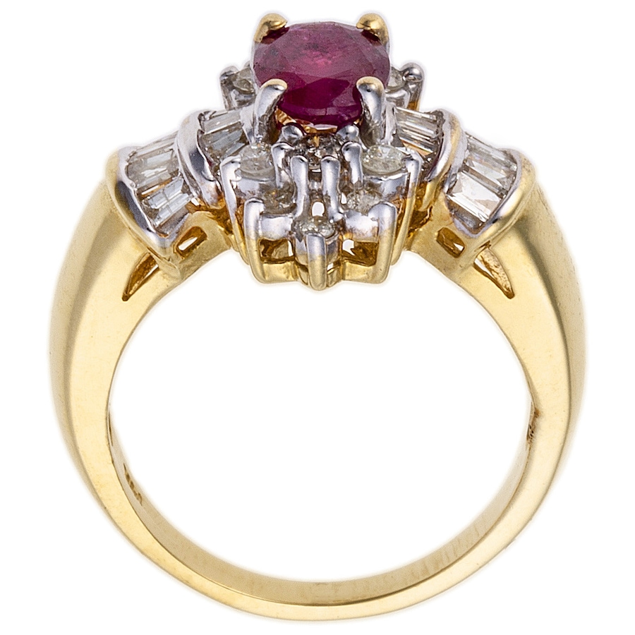 Image 744320_ALTMORE2.jpg, Product 744-320 / Price $2,495.00, Estate Originals 14K Yellow and White Gold 1.02 Carat Ruby Ring with Round and Baguette Cut Diamonds from Estate Originals on TSC.ca's Jewellery department
