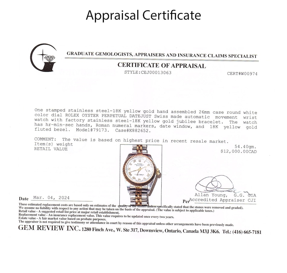 Image 744341_ALTMORE5.jpg, Product 744-341 / Price $9,995.00, Estate Originals Lady's Stainless Steel and 18K Yellow Gold Rolex Oyster Perpetual Datejust Swiss Made Wrist Watch from Estate Originals on TSC.ca's Jewellery department