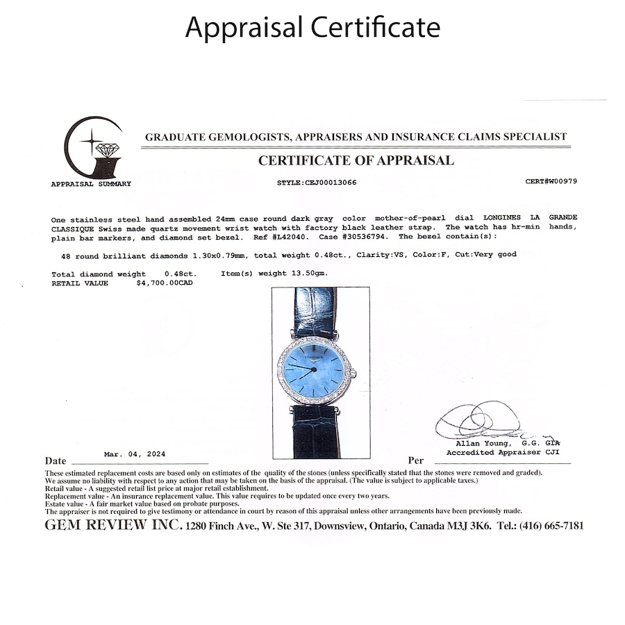 Image 744344_ALTMORE4.jpg, Product 744-344 / Price $3,995.00, Estate Originals Stainless Steel Mother-of-Pearl and Diamond Longines La Grand Classique Swiss Made Wristwatch from Estate Originals on TSC.ca's Jewellery department