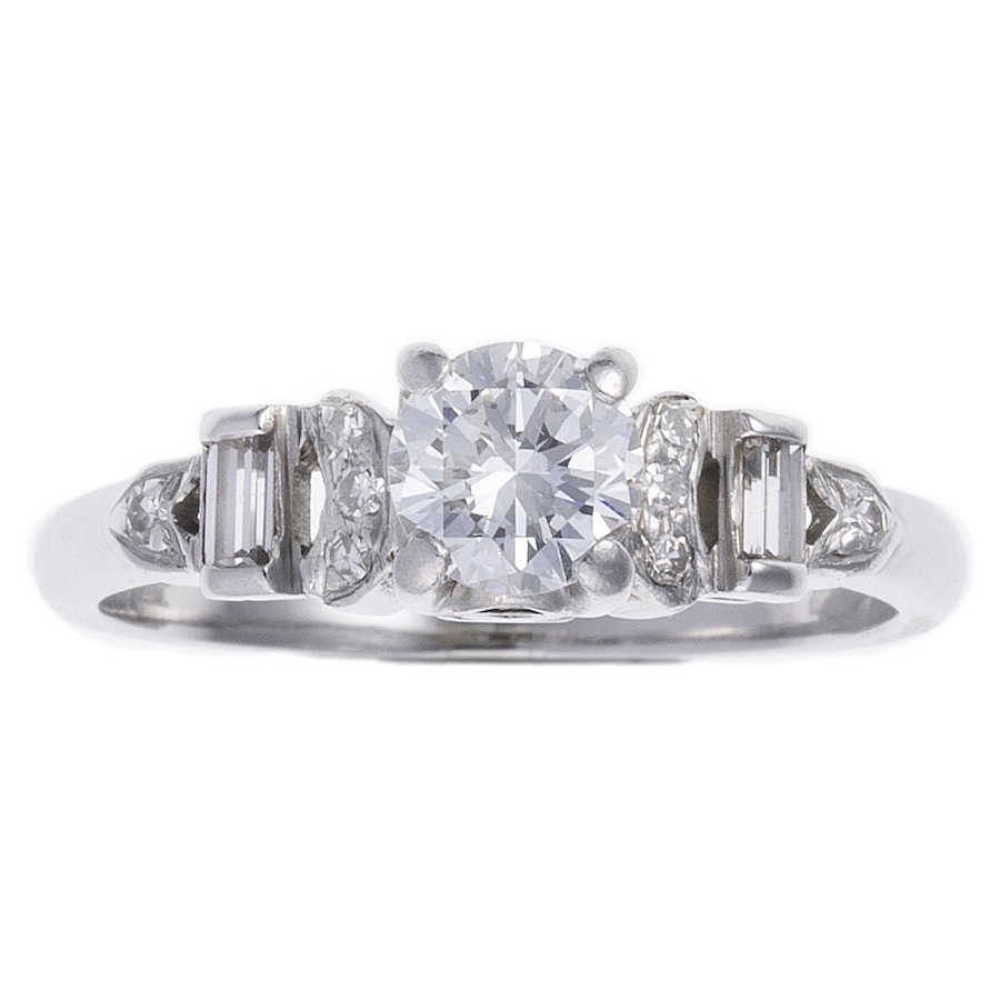 Image 744356.jpg, Product 744-356 / Price $4,295.00, Estate Originals Custom-Made Platinum 0.53-Carat Solitaire Diamond Ring with Baguette and Round Diamond Shoulders from Estate Originals on TSC.ca's Jewellery department