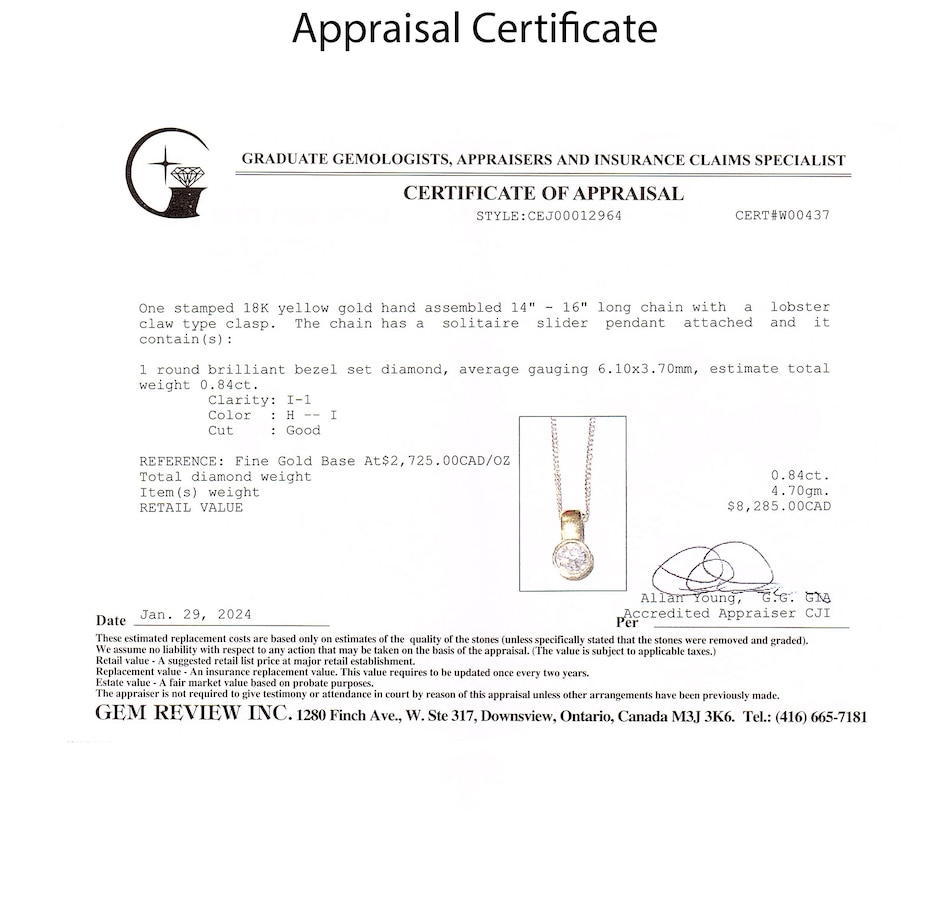 Image 744359_ALTMORE3.jpg, Product 744-359 / Price $3,995.00, Estate Originals 18K Yellow Gold 0.84-Carat Bezel-Set Diamond Pendant from Estate Originals on TSC.ca's Jewellery department