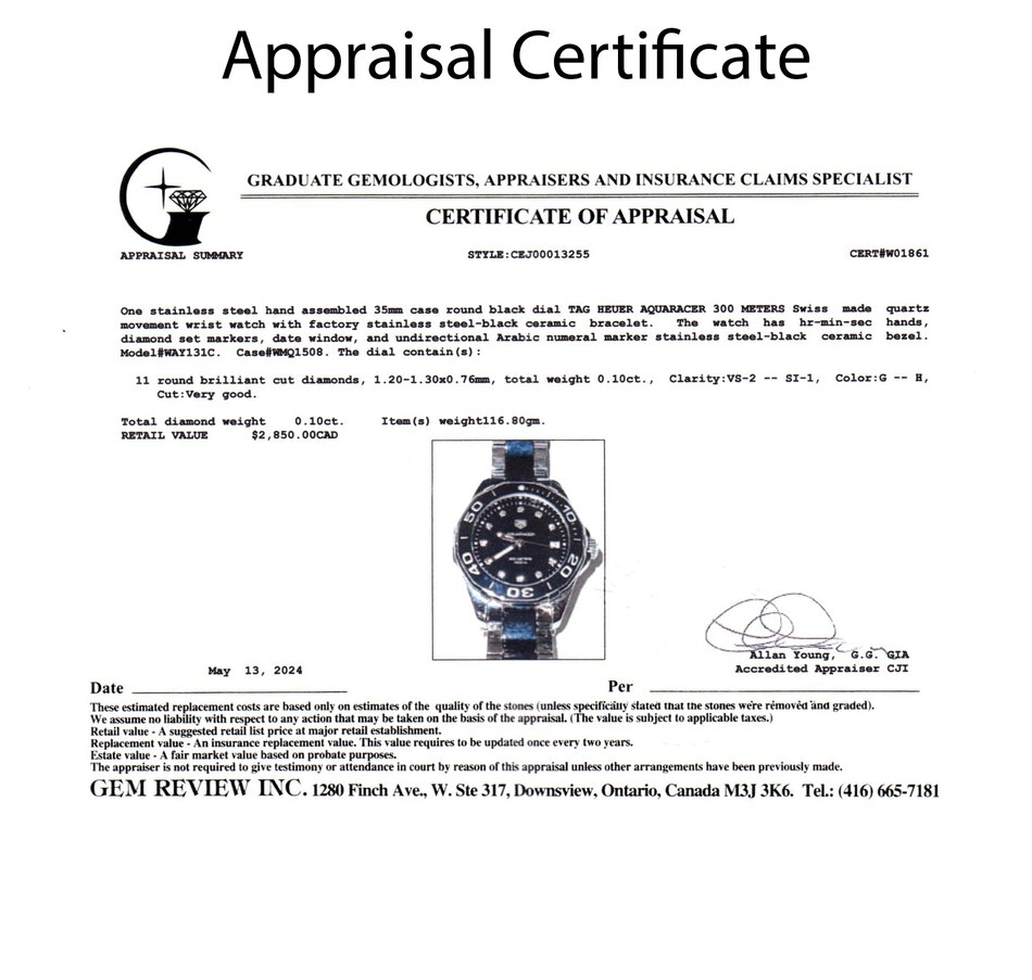 Image 744673_ALTMORE6.jpg, Product 744-673 / Price $1,995.00, Estate Originals Unisex Stainless Steel TAG Heuer Aquaracer Swiss-Made Wristwatch with Diamond-Set Markers from Estate Originals on TSC.ca's Jewellery department