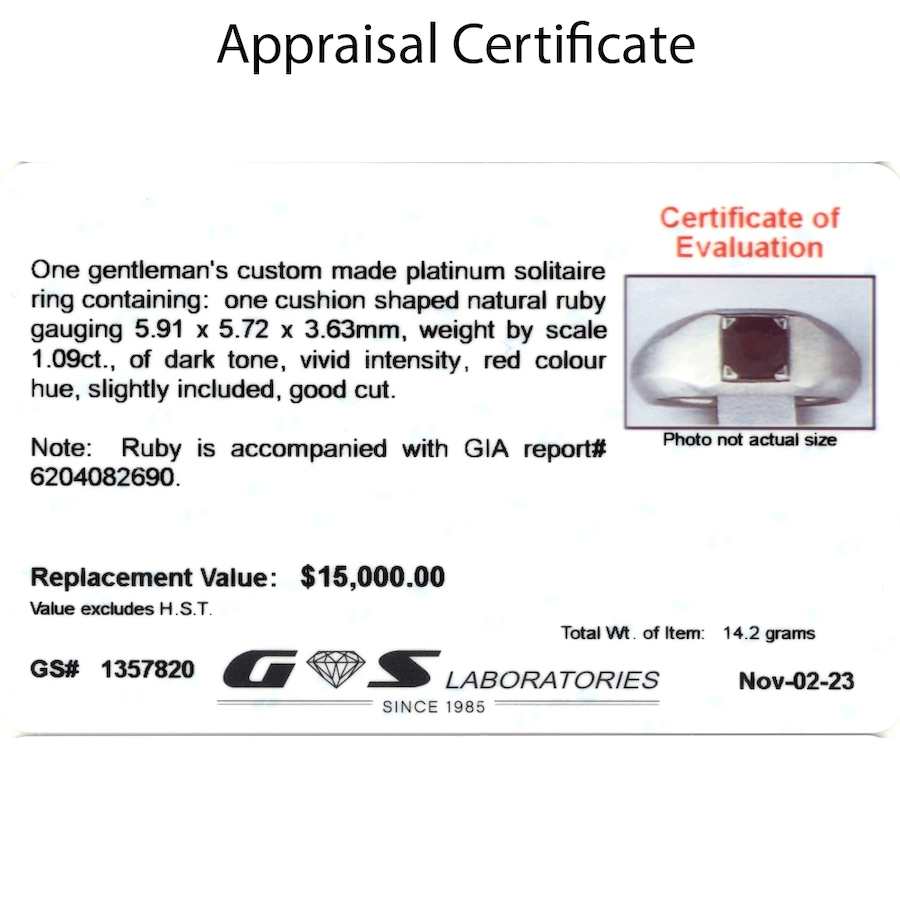 Image 744675_ALTMORE3.jpg, Product 744-675 / Price $6,895.00, Estate Originals Unisex Custom-Made Platinum 1.09-Carat Ruby Solitaire Ring from Estate Originals on TSC.ca's Jewellery department