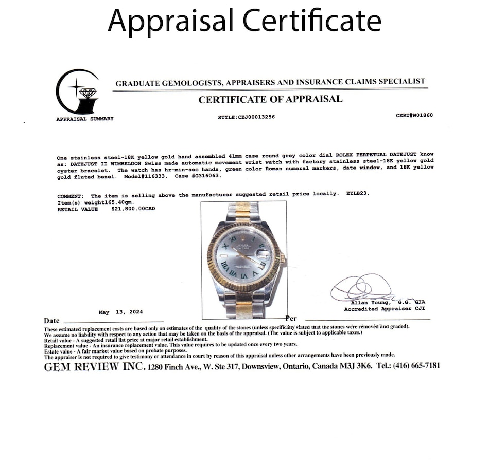 Image 744685_ALTMORE5.jpg, Product 744-685 / Price $14,995.00, Estate Originals Stainless Steel and 18K Yellow Gold Rolex Perpetual Datejust II Wimbledon Swiss-Made Wristwatch from Estate Originals on TSC.ca's Jewellery department