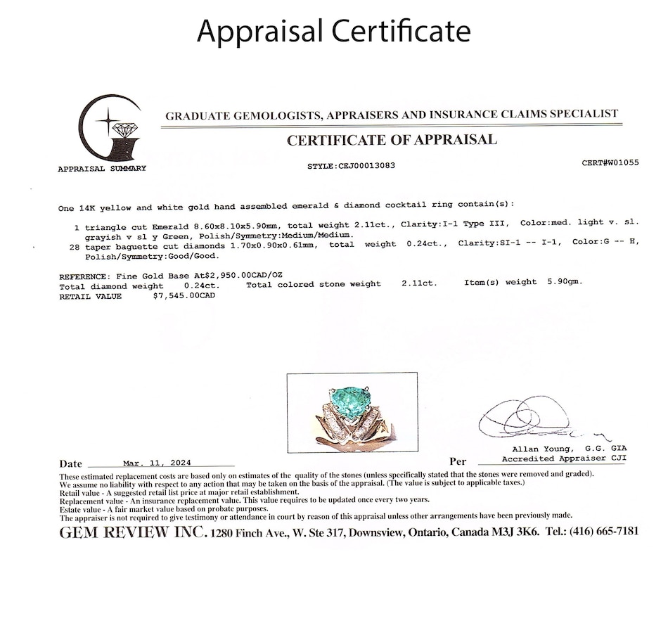 Image 744717_ALTMORE4.jpg, Product 744-717 / Price $3,295.00, Estate Originals 14K Yellow and White Gold 2.11 Carat Triangular Cut Emerald and Diamond Ring from Estate Originals on TSC.ca's Jewellery department