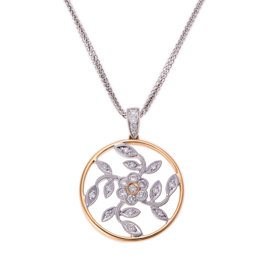 Image 744742.jpg, Product 744-742 / Price $2,995.00, Estate Originals 18K White and Rose Gold Circle Pendant with Diamond-Set Floral Adornment from Estate Originals on TSC.ca's Jewellery department