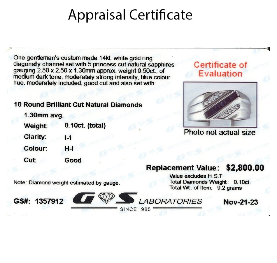 Image 744955_ALTMORE3.jpg, Product 744-955 / Price $1,795.00, Estate Originals Gentleman's Custom Made 14K White Gold Diagonally Set Princess Cut Sapphire and Diamond Ring from Estate Originals on TSC.ca's Jewellery department