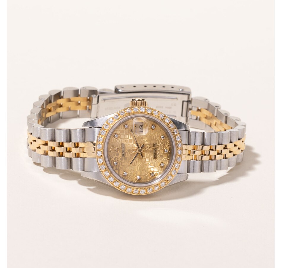 Image 745163_ALTMORE1.jpg, Product 745-163 / Price $7,495.00, Estate Originals Stainless Steel and 18K Yellow Gold Rolex Oyster Perpetual Datejust Swiss-Made Watch with Diamond Bezel from Estate Originals on TSC.ca's Jewellery department
