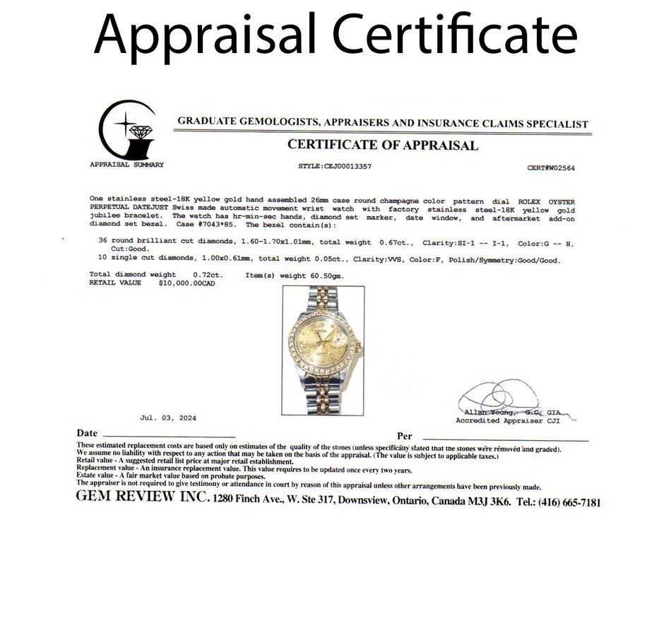 Image 745163_ALTMORE9.jpg, Product 745-163 / Price $7,495.00, Estate Originals Stainless Steel and 18K Yellow Gold Rolex Oyster Perpetual Datejust Swiss-Made Watch with Diamond Bezel from Estate Originals on TSC.ca's Jewellery department