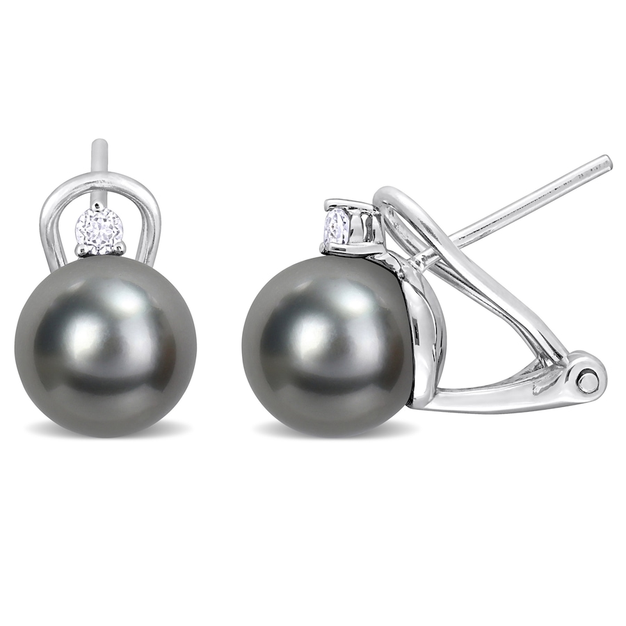 Image 745184.jpg, Product 745-184 / Price $159.99, Amour Pearls Sterling Silver Black Cultured Tahitian Pearl & White Topaz Omega Earrings from Amour Pearls on TSC.ca's Jewellery department