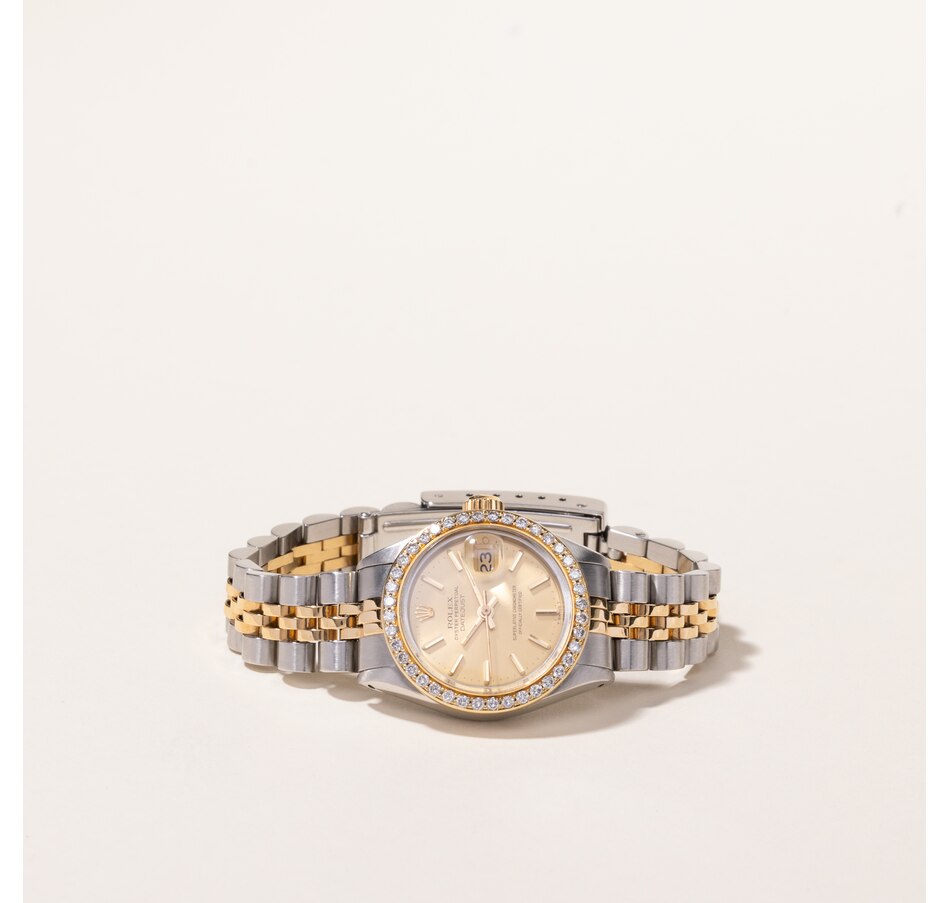 Image 745232.jpg, Product 745-232 / Price $7,495.00, Estate Originals Ladies' Stainless Steel and 18K Yellow Gold Rolex Oyster Perpetual Datejust Swiss-Made Watch with Diamond Bezel from Estate Originals on TSC.ca's Jewellery department