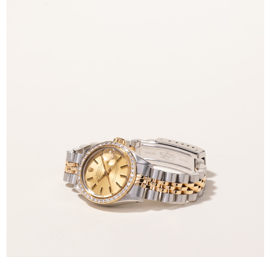 Image 745232_ALTMORE1.jpg, Product 745-232 / Price $7,495.00, Estate Originals Ladies' Stainless Steel and 18K Yellow Gold Rolex Oyster Perpetual Datejust Swiss-Made Watch with Diamond Bezel from Estate Originals on TSC.ca's Jewellery department