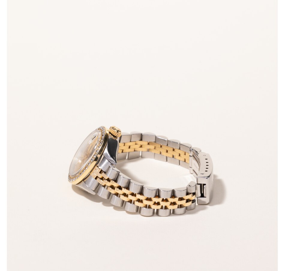 Image 745232_ALTMORE2.jpg, Product 745-232 / Price $7,495.00, Estate Originals Ladies' Stainless Steel and 18K Yellow Gold Rolex Oyster Perpetual Datejust Swiss-Made Watch with Diamond Bezel from Estate Originals on TSC.ca's Jewellery department