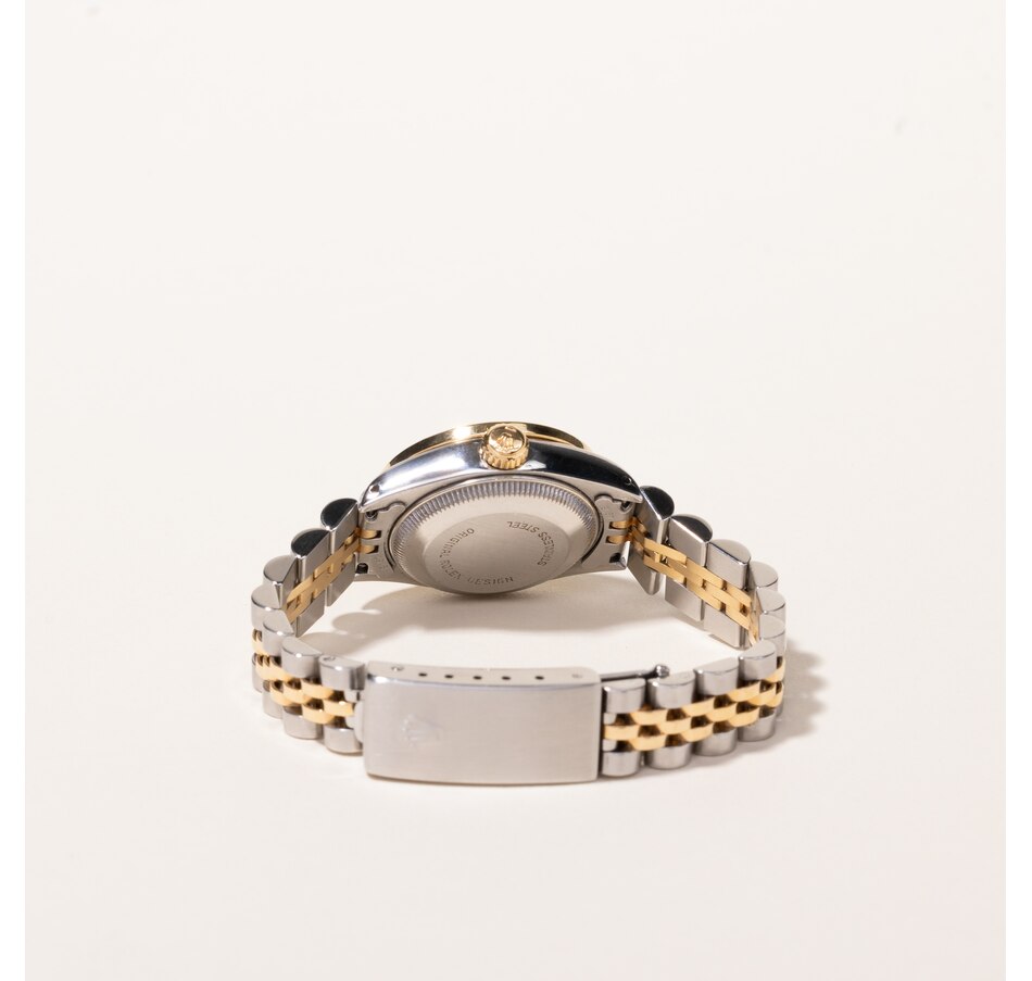 Image 745232_ALTMORE3.jpg, Product 745-232 / Price $7,495.00, Estate Originals Ladies' Stainless Steel and 18K Yellow Gold Rolex Oyster Perpetual Datejust Swiss-Made Watch with Diamond Bezel from Estate Originals on TSC.ca's Jewellery department