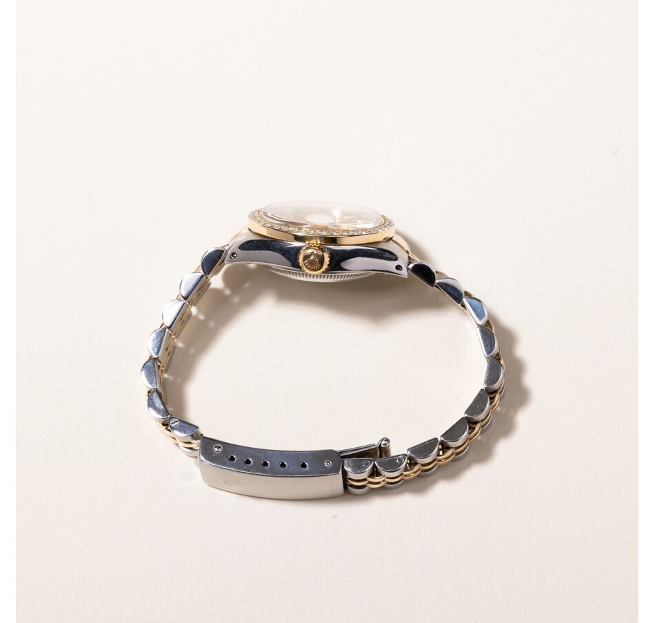 Image 745232_ALTMORE5.jpg, Product 745-232 / Price $7,495.00, Estate Originals Ladies' Stainless Steel and 18K Yellow Gold Rolex Oyster Perpetual Datejust Swiss-Made Watch with Diamond Bezel from Estate Originals on TSC.ca's Jewellery department